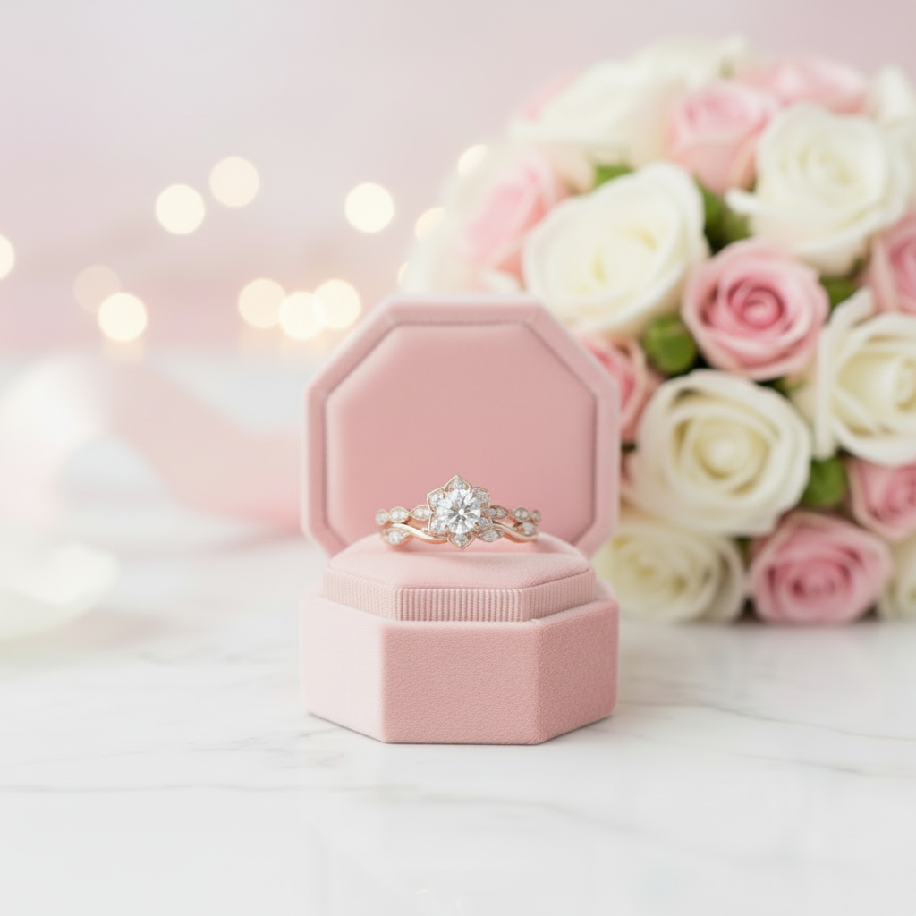 Flower 14k Rose Gold 0.5 Ct Round Cut Diamond Option Engagement Ring-Black Diamonds New York