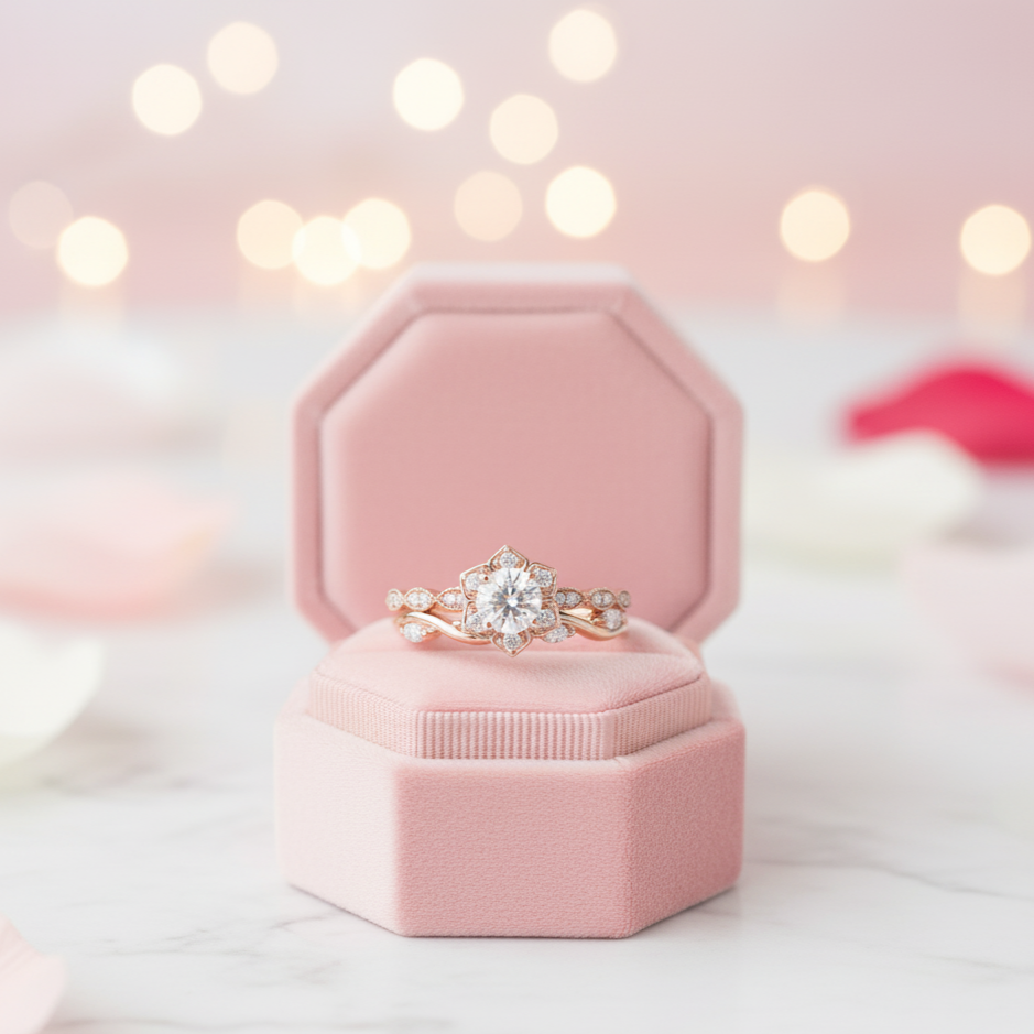 Flower 14k Rose Gold 0.5 Ct Round Cut Diamond Engagement Ring-Black Diamonds New York