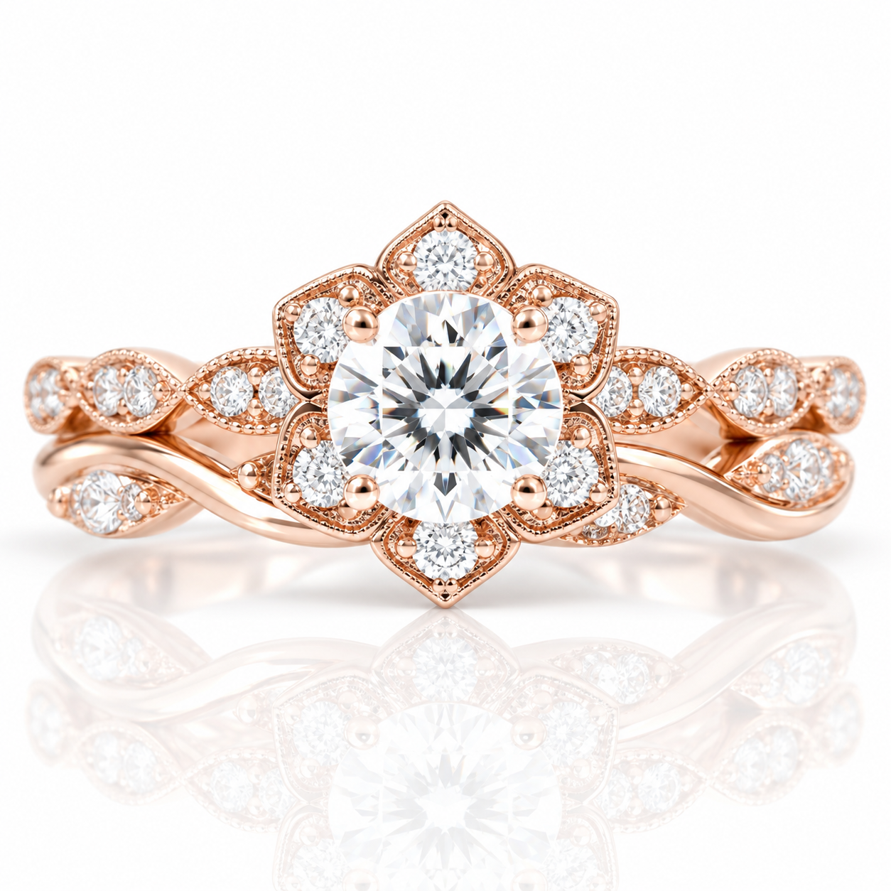 Flower 14k Rose Gold 0.5 Ct Round Cut Diamond Option Engagement Ring-Black Diamonds New York