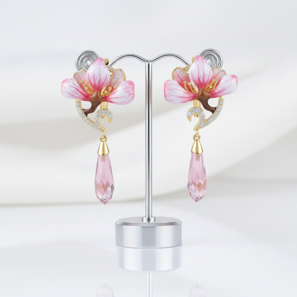 Flower Enamel with Diamond Option Drop Earrings-Black Diamonds New York