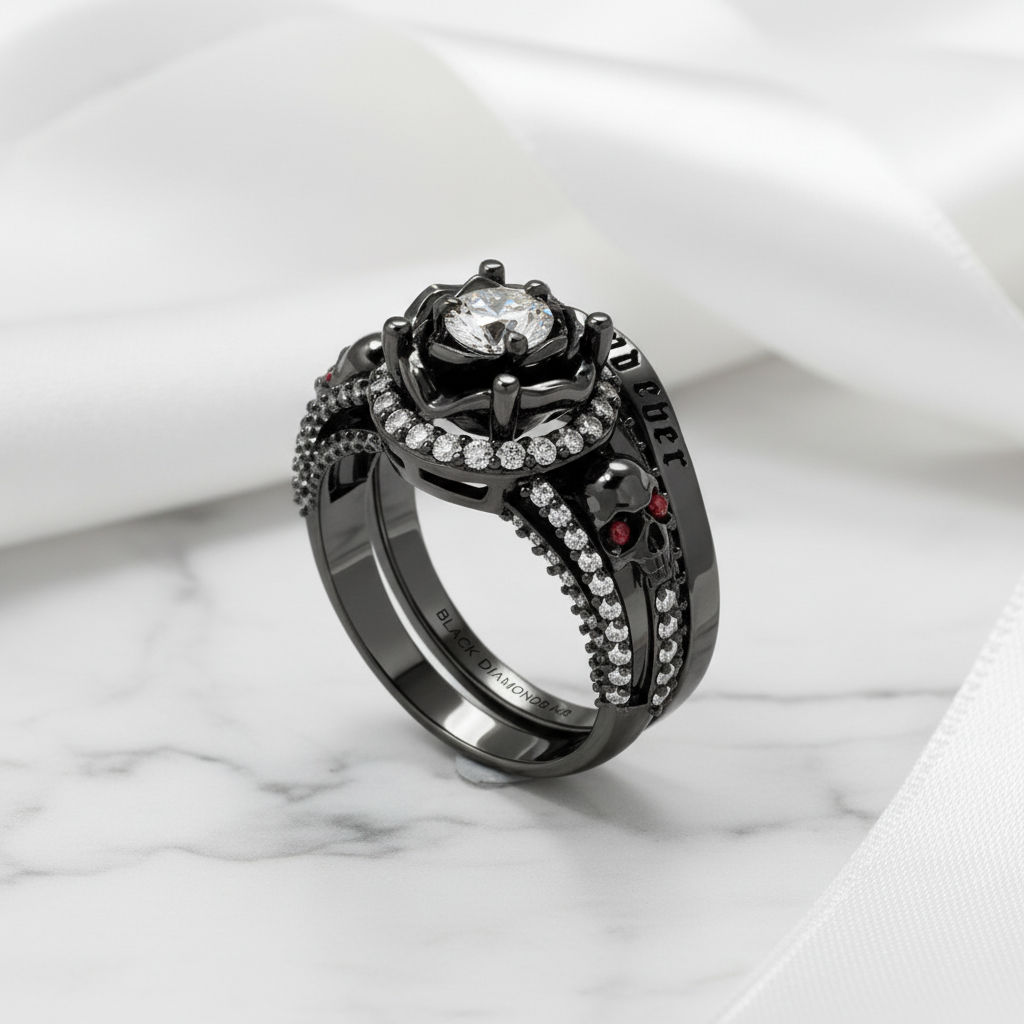 Forever And Ever Wedding Rings- 14k Rose Gold with Skulls-Black Diamonds New York
