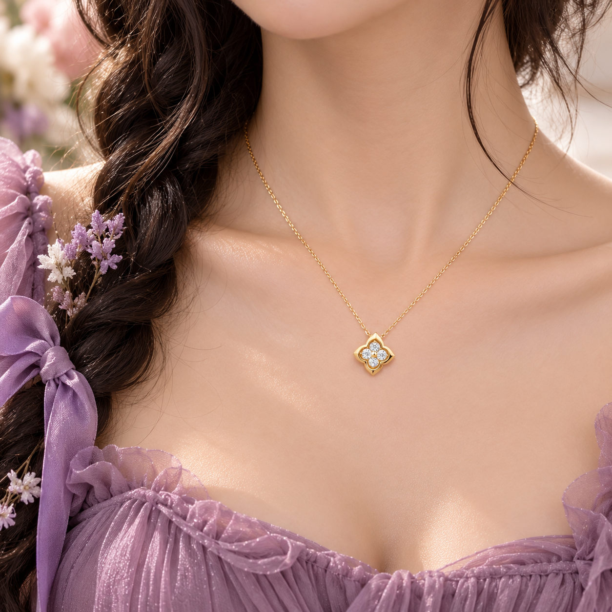 Four Leaf Clover Certified Moissanite Necklaces 18k Gold Overlay-Black Diamonds New York