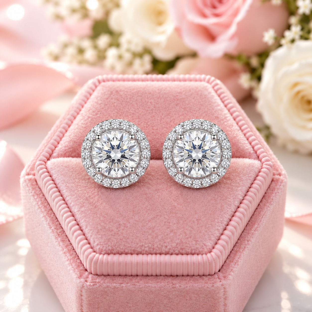 Four Prong Round Diamond Option Belle Dame Halo Earrings-Black Diamonds New York