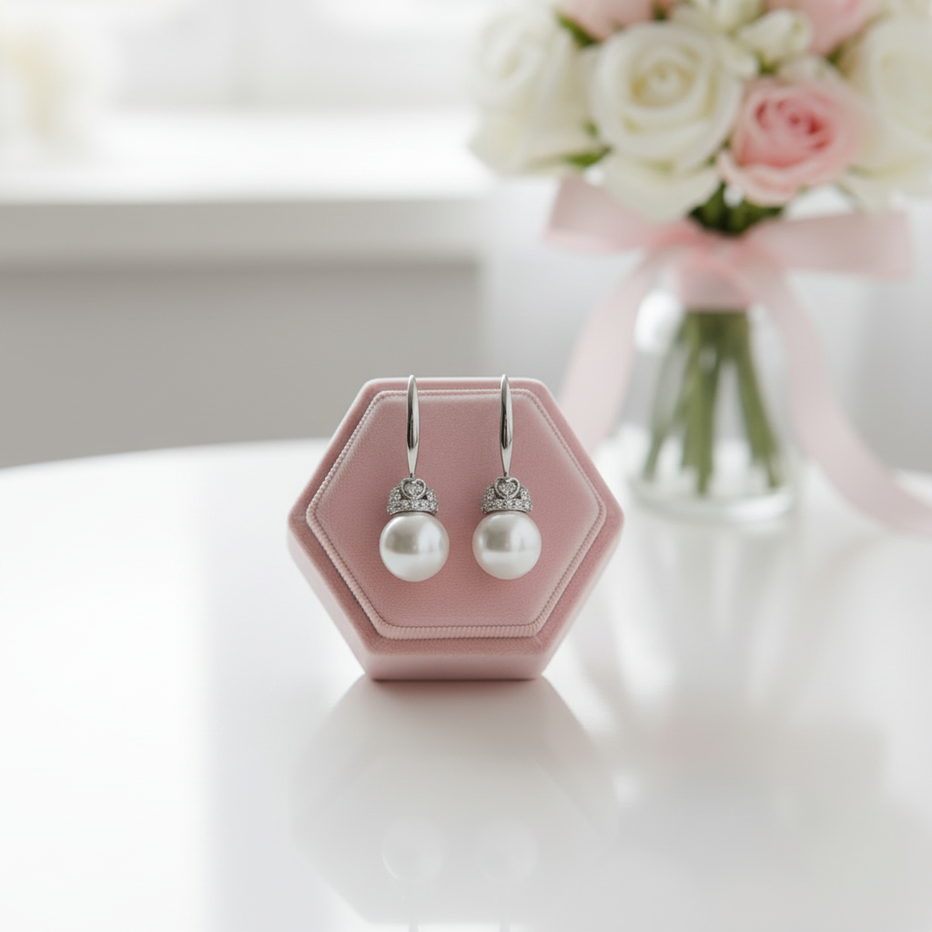 Fresh Water Heart Crown Pearl Hook Drop Earrings-Black Diamonds New York