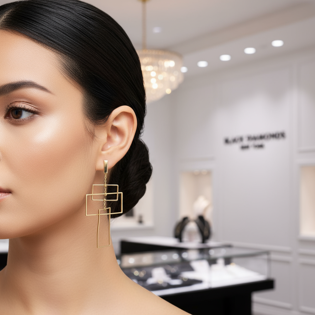 Geometric Rectangular Dangle Earrings-Black Diamonds New York