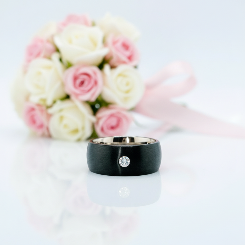 8mm Diamond Option Black Tungsten Wedding Band with Rose Gold Inner Band-Black Diamonds New York