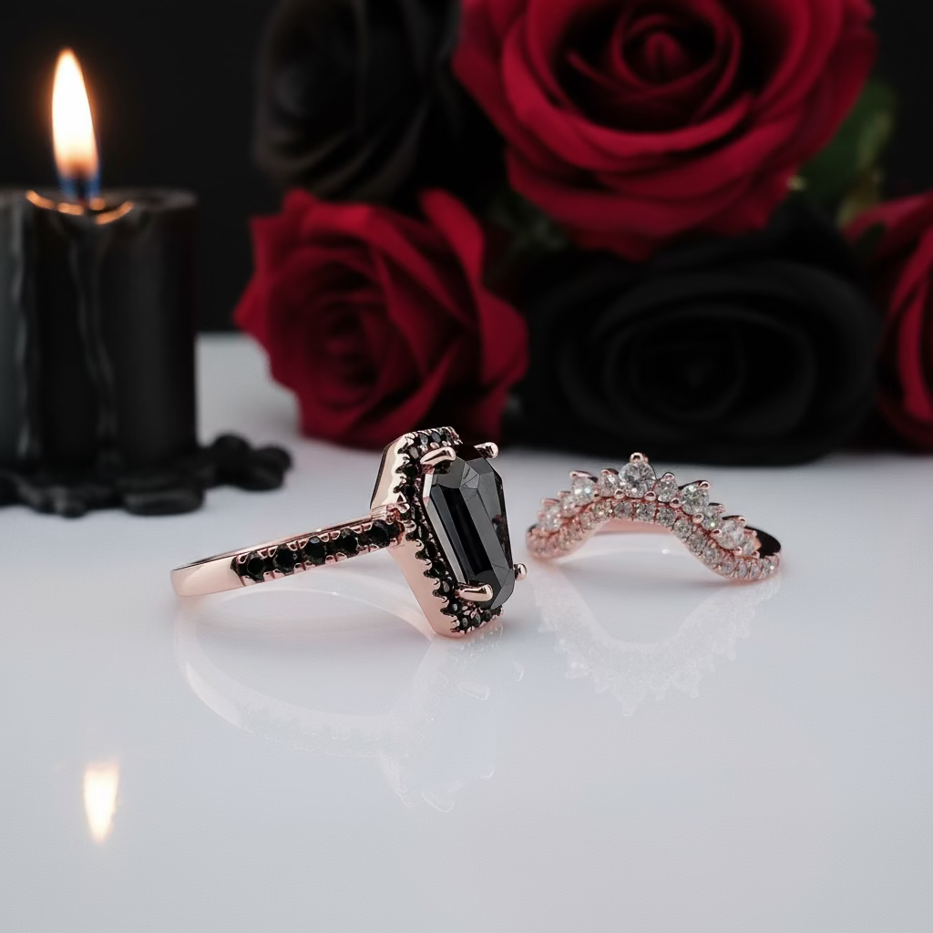 Best Love Rings- Rare Coffin Cut Diamond 14k Gold Gothic Ring Set-Black Diamonds New York