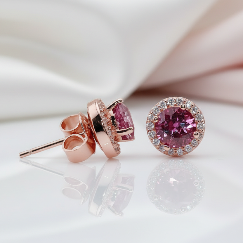 5mm Round Color Changing Alexandrite Halo Stud Earrings-Black Diamonds New York