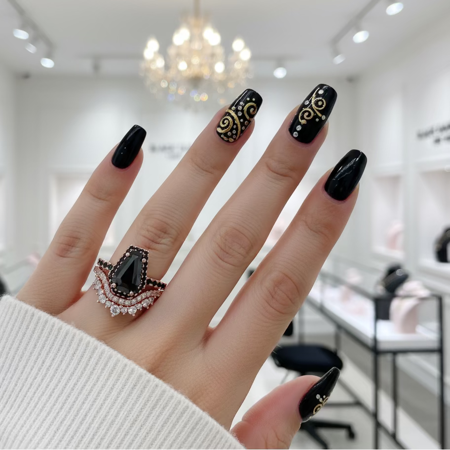 Best Love Rings- Rare Coffin Cut Diamond 14K Gold Gothic Ring Set-Black Diamonds New York