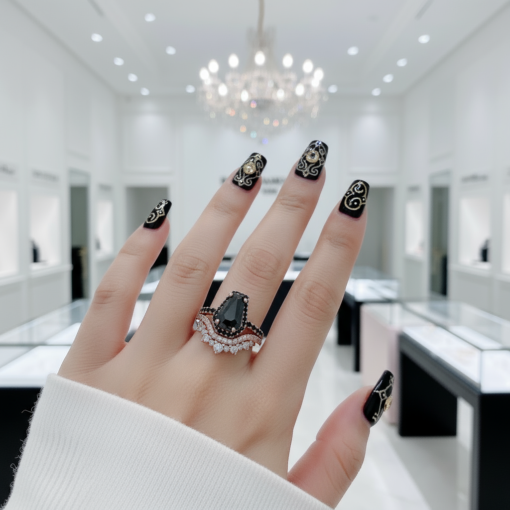 Best Love Rings- Rare Coffin Cut Diamond 14k Gold Gothic Ring Set-Black Diamonds New York