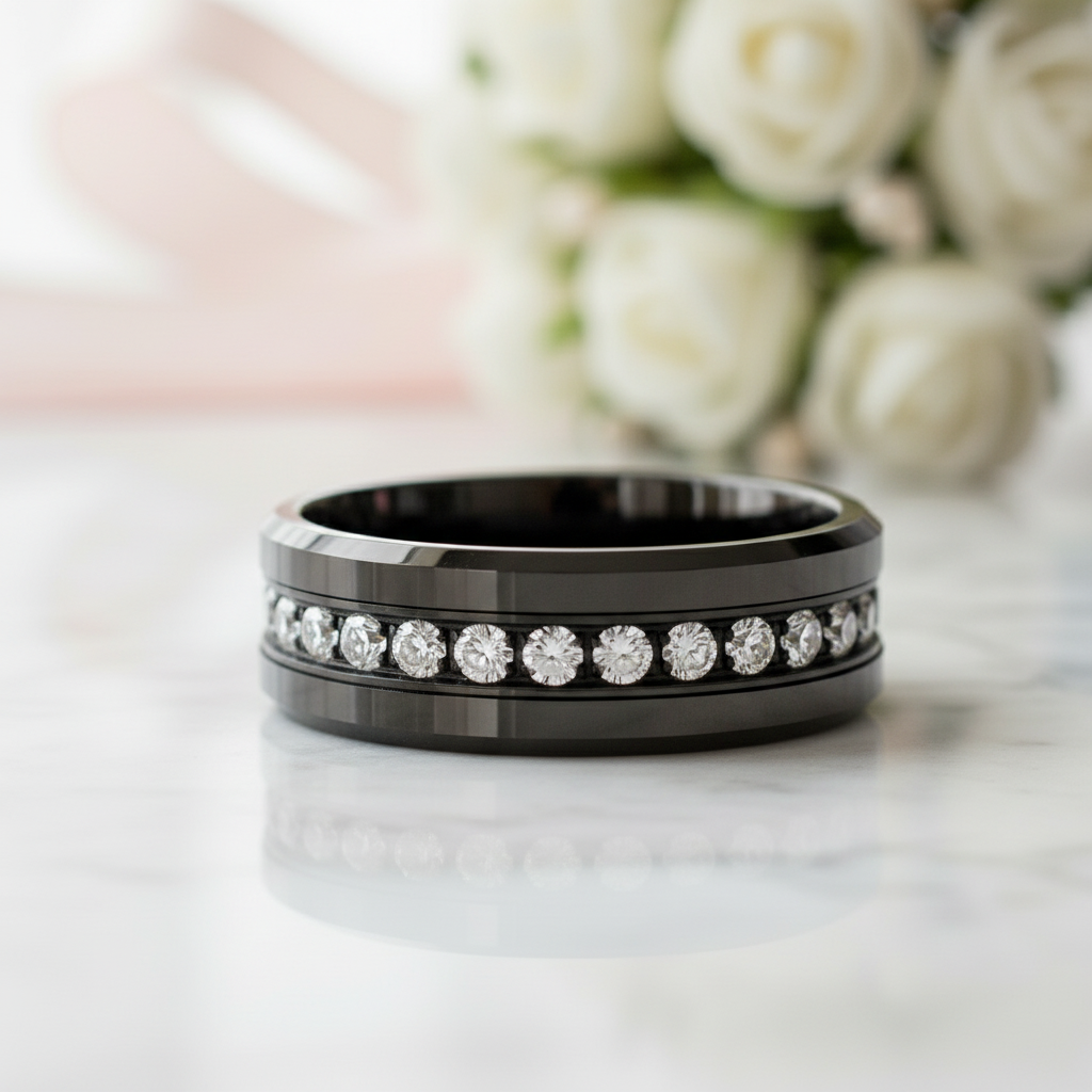 Full Eternity Diamond 8mm Black Tungsten Wedding Band-Black Diamonds New York