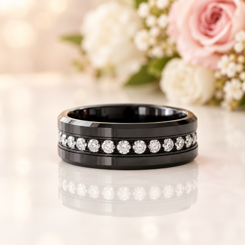 Full Eternity Diamond Option 8mm Black Tungsten Wedding Band-Black Diamonds New York