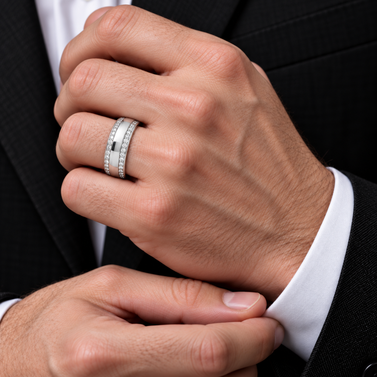 A close-up of a man's hands adjusting his suit jacket cuff while wearing a silver band ring with pavé-set stones on his ring finger.