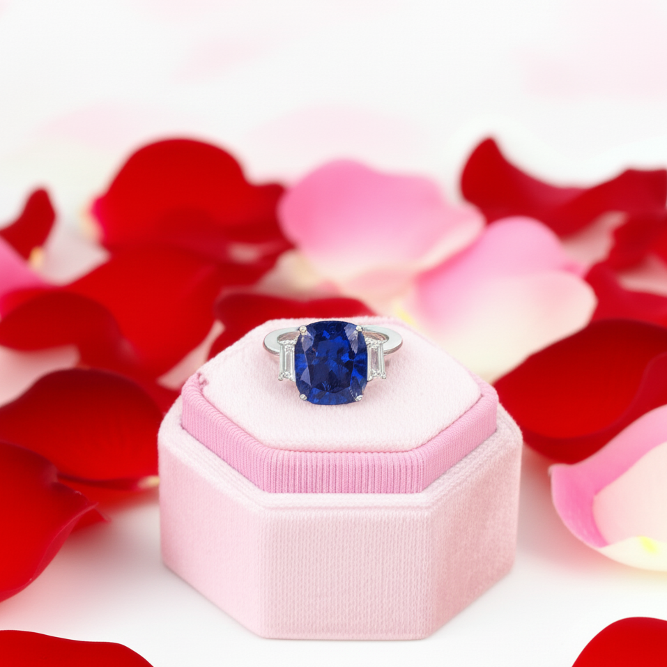 Blue Sapphire Cushion Cut Three Stone Engagement Ring-Black Diamonds New York