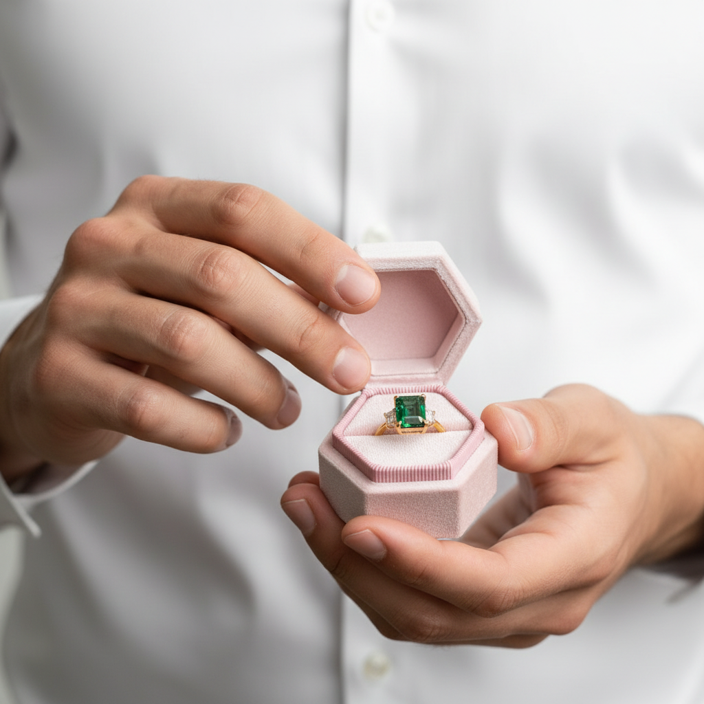 Three-Stone Emerald Green Engagement Ring-Black Diamonds New York