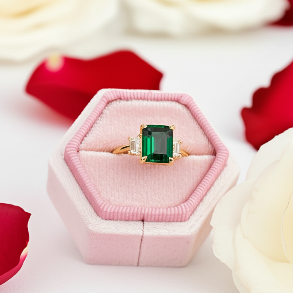 Three-Stone Emerald Green Engagement Ring-Black Diamonds New York