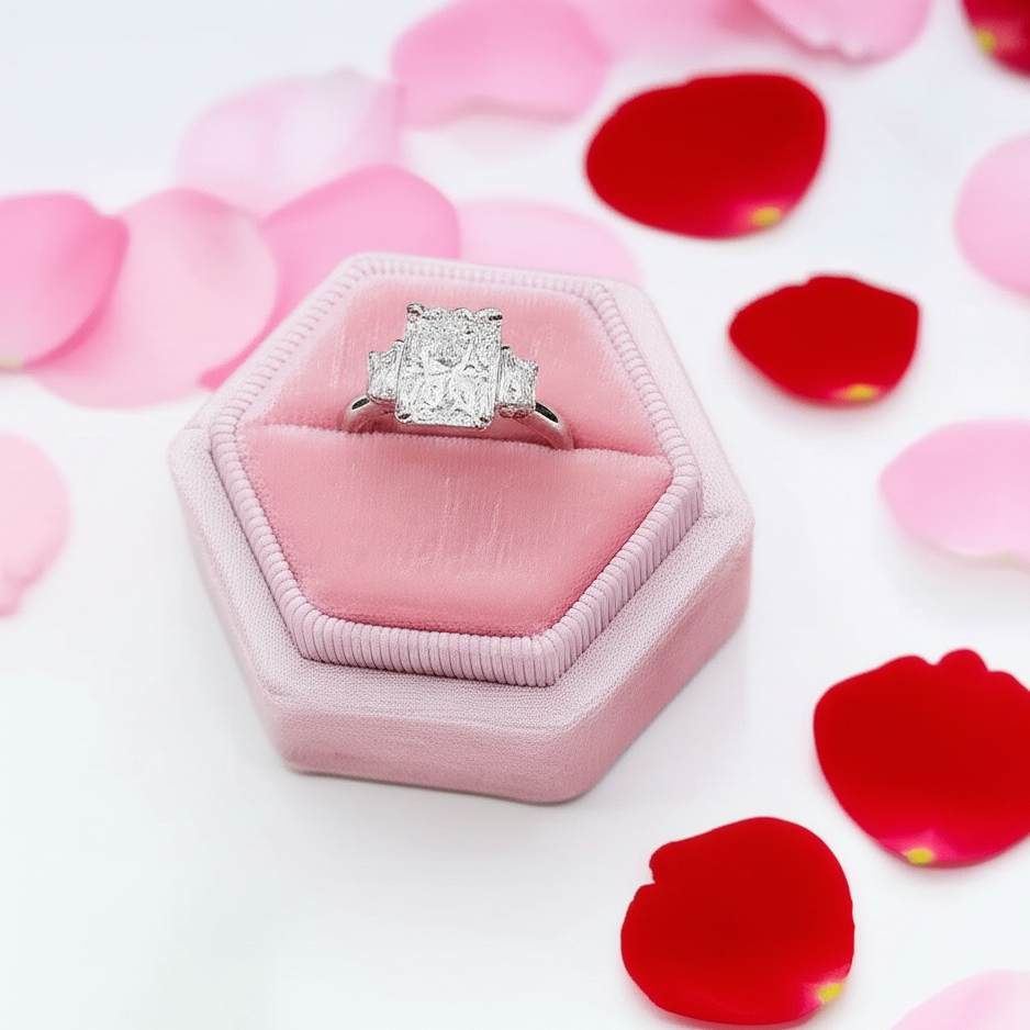 Three Stone Radiant Cut Diamond Engagement Ring-Black Diamonds New York