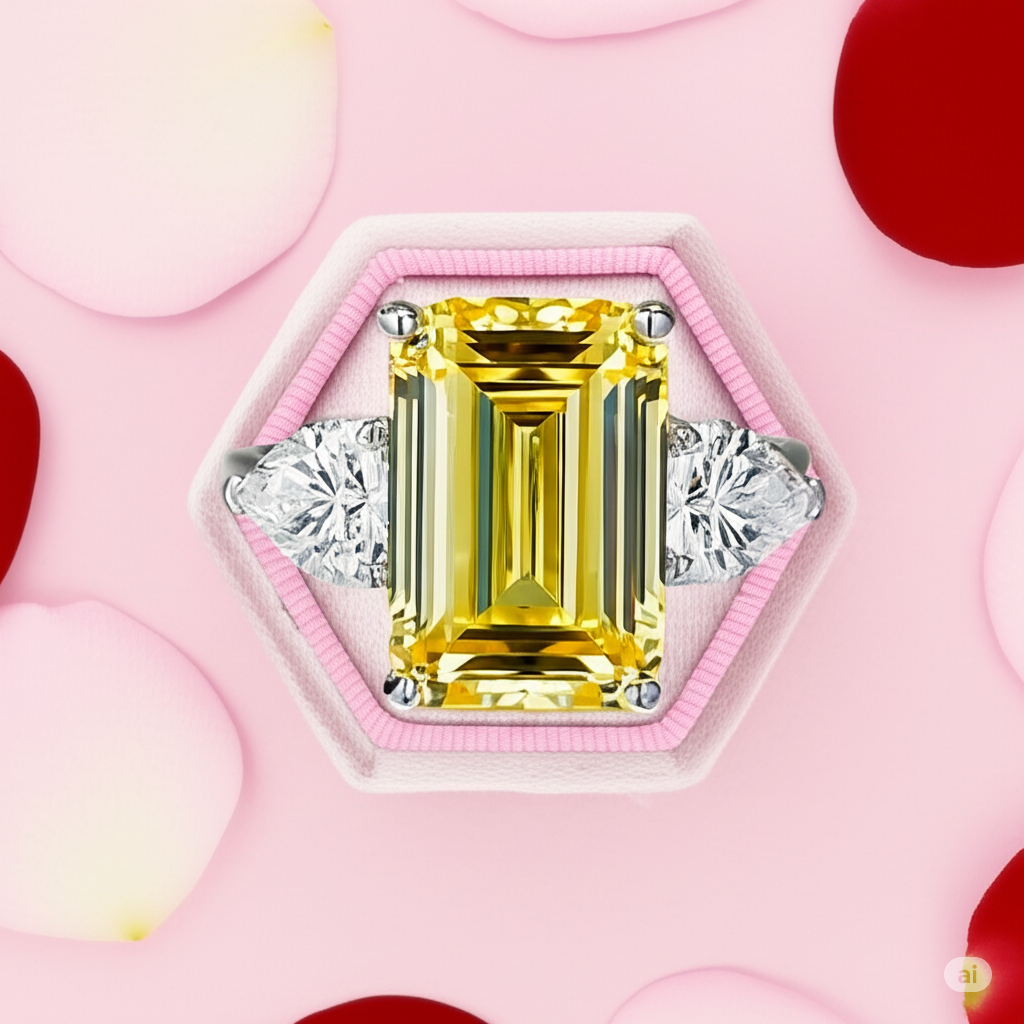 Yellow Sapphire 4.0ct Emerald Cut Three Stone Engagement Ring-Black Diamonds New York