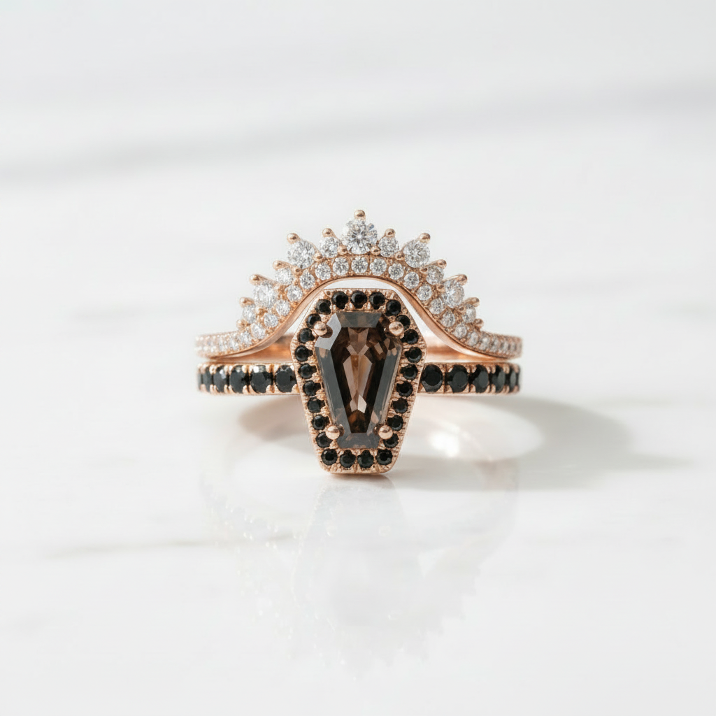 Best Love Rings- Rare Coffin Cut Diamond Option 14k Gold Gothic Ring Set-Black Diamonds New York