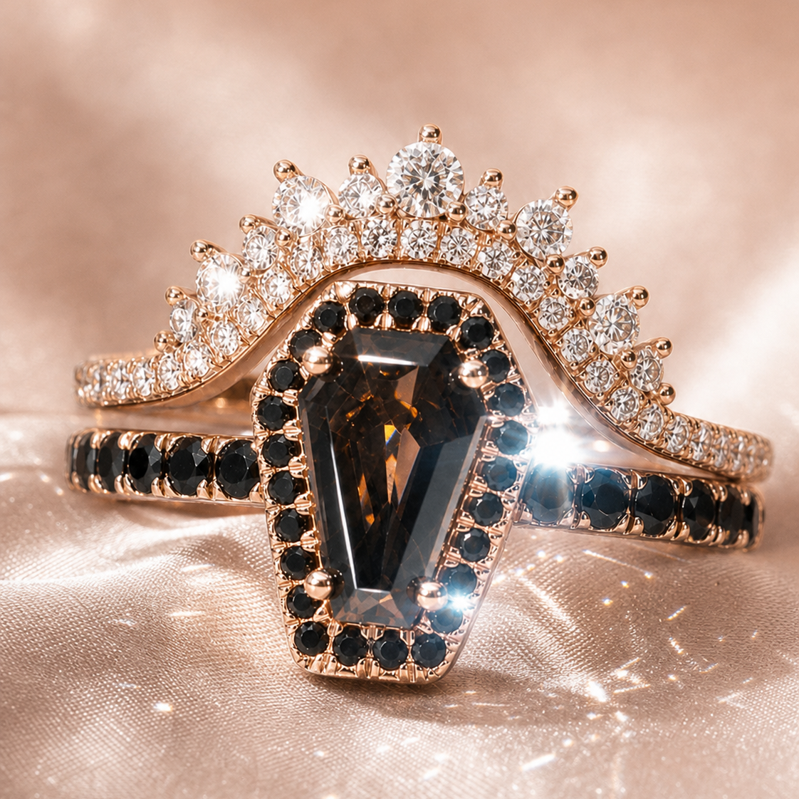 Best Love Rings- Rare Coffin Cut Diamond Option 14k Gold Gothic Ring Set-Black Diamonds New York