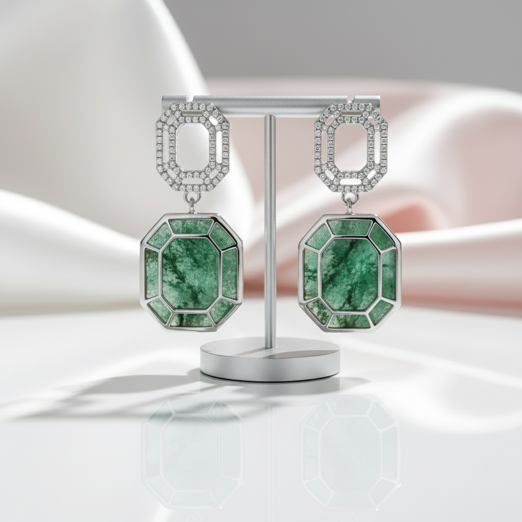 Geometry Cut Moss Agate Drop Earrings-Black Diamonds New York
