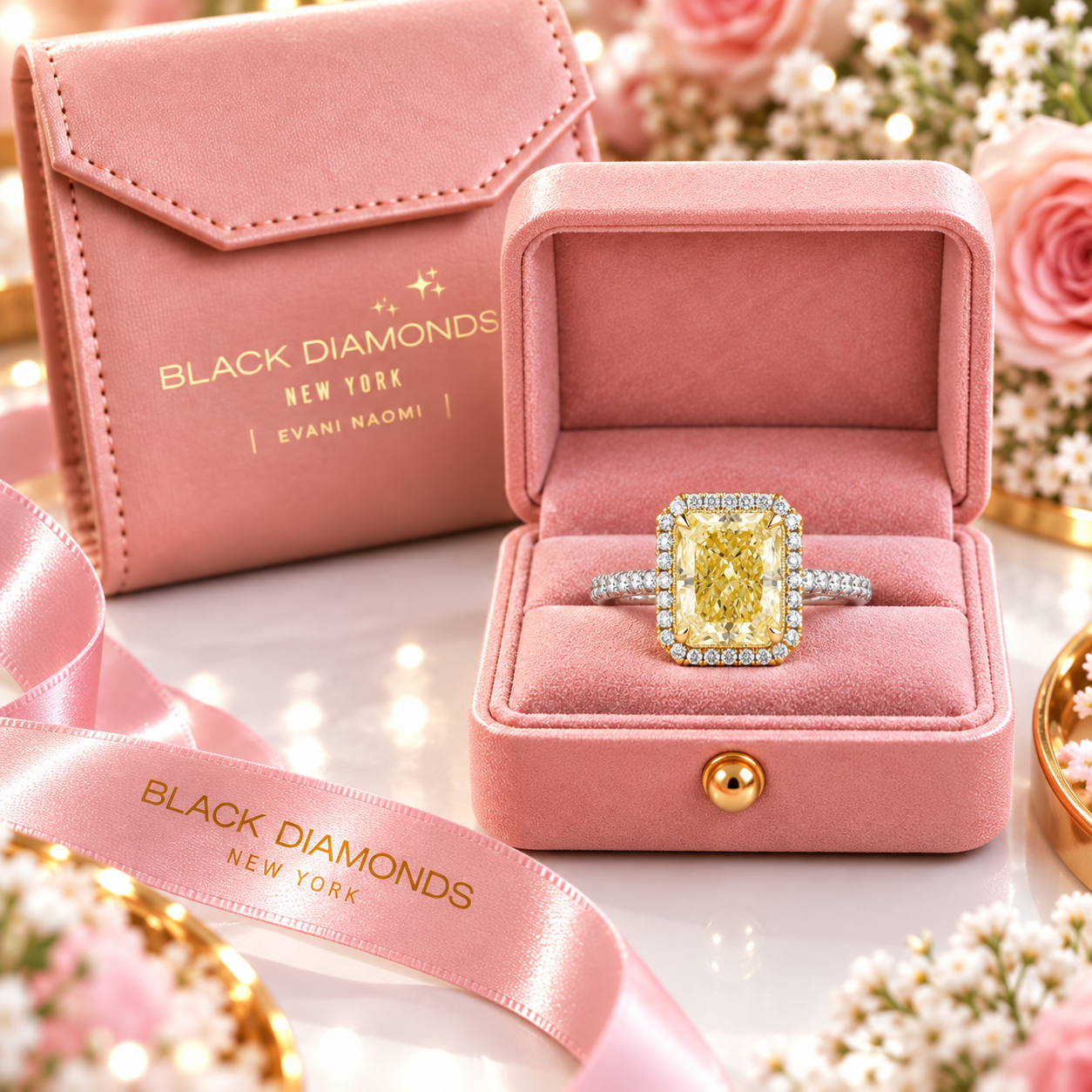 4.0 ct Light Yellow Radiant Cut Diamond Option Engagement Ring in 14k White Gold-Black Diamonds New York
