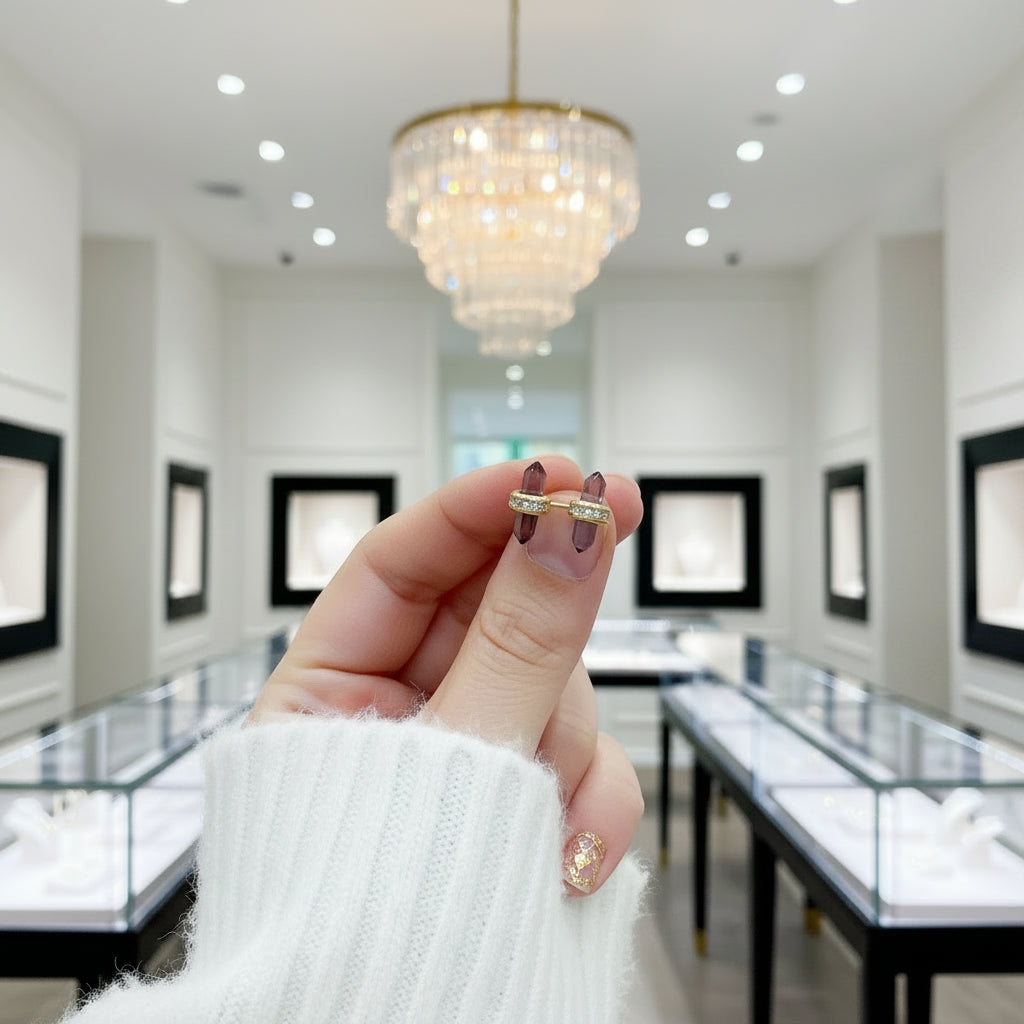 A person's hand holding a gold ring with a clear gemstone in a luxury jewelry store with a crystal chandelier in the background.