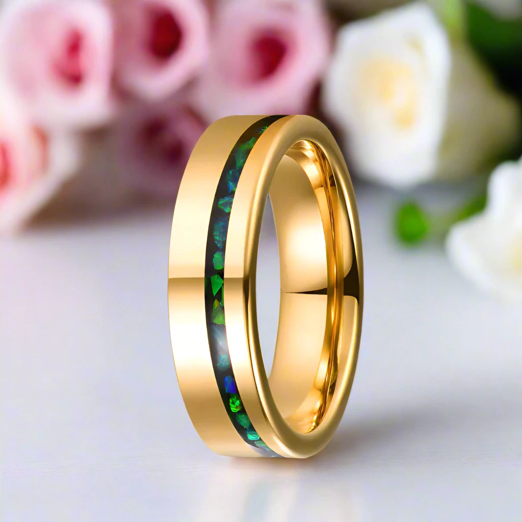Gold Polished Green Opal Inlay Tungsten Unisex Wedding Band-Black Diamonds New York
