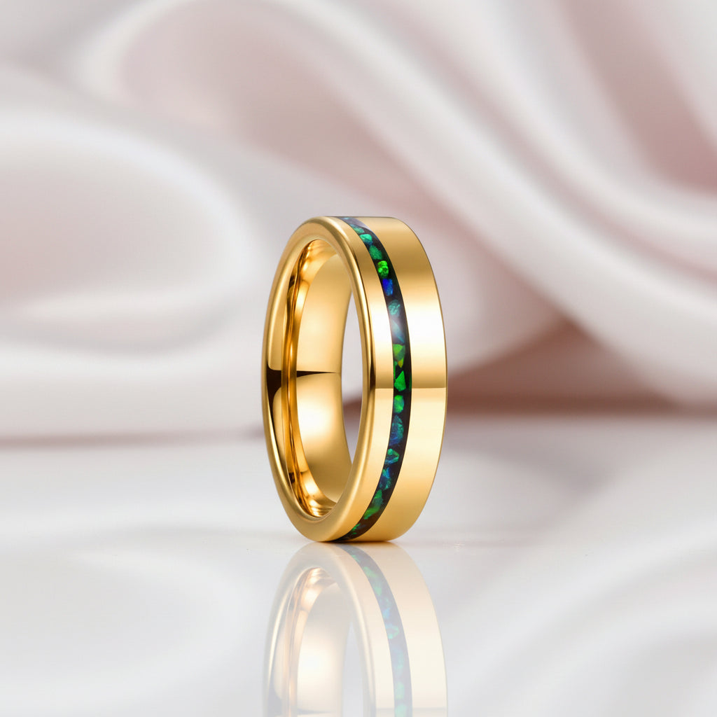 Gold Polished Green Opal Inlay Tungsten Unisex Wedding Band-Black Diamonds New York