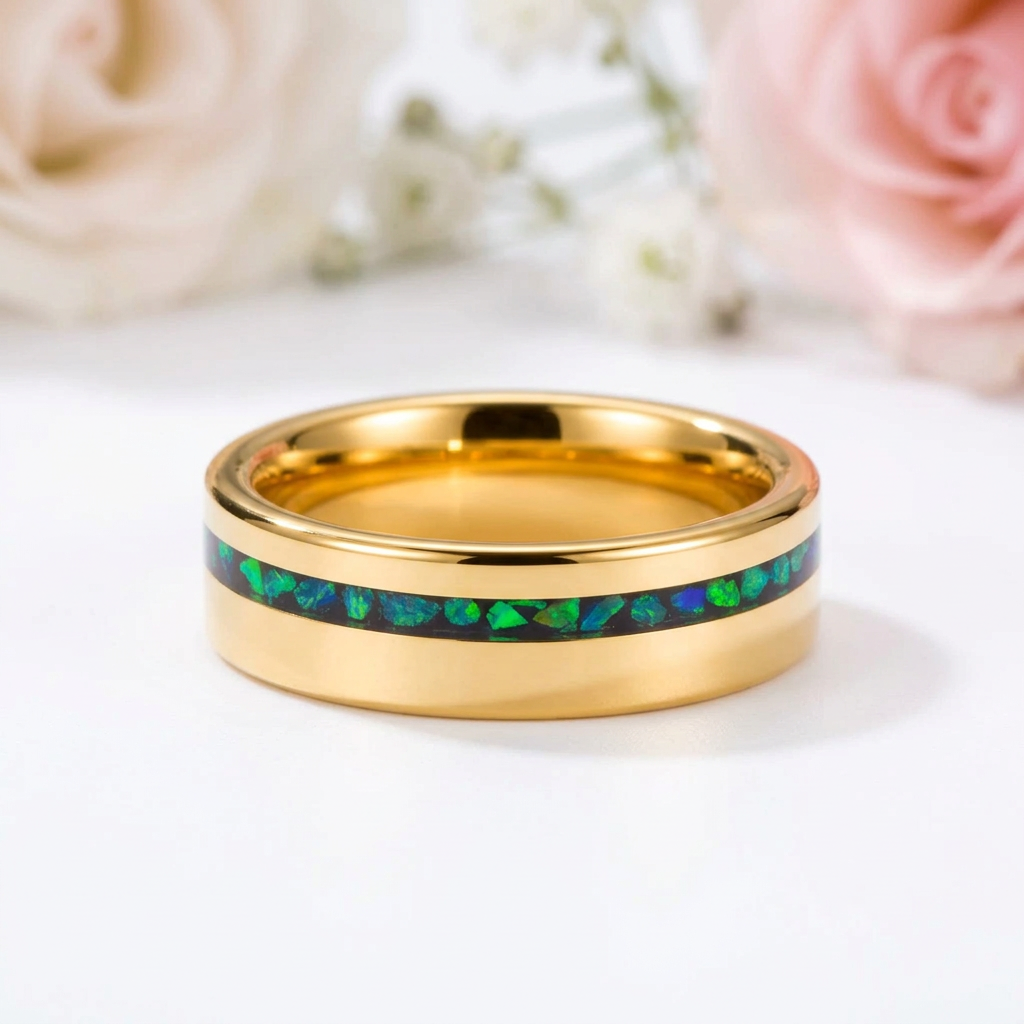 Gold Polished Green Opal Inlay Tungsten Unisex Wedding Band-Black Diamonds New York