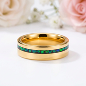 Gold Polished Green Opal Inlay Tungsten Unisex Wedding Band-Black Diamonds New York