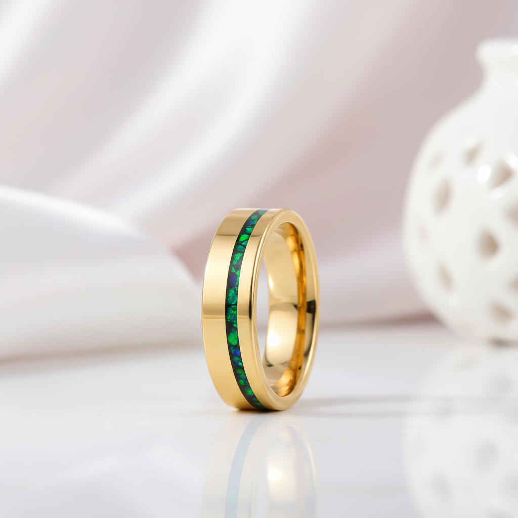Gold ring with green inlay on a light background