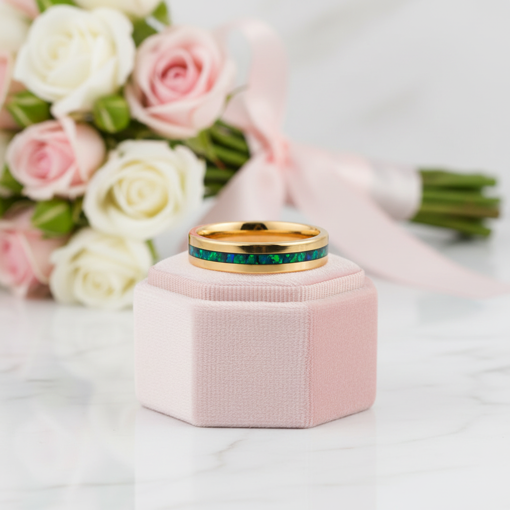 Gold Polished Green Opal Inlay Tungsten Unisex Wedding Band-Black Diamonds New York