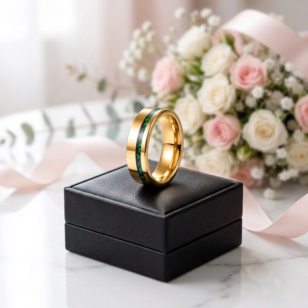 Gold Polished Green Opal Inlay Tungsten Unisex Wedding Band-Black Diamonds New York