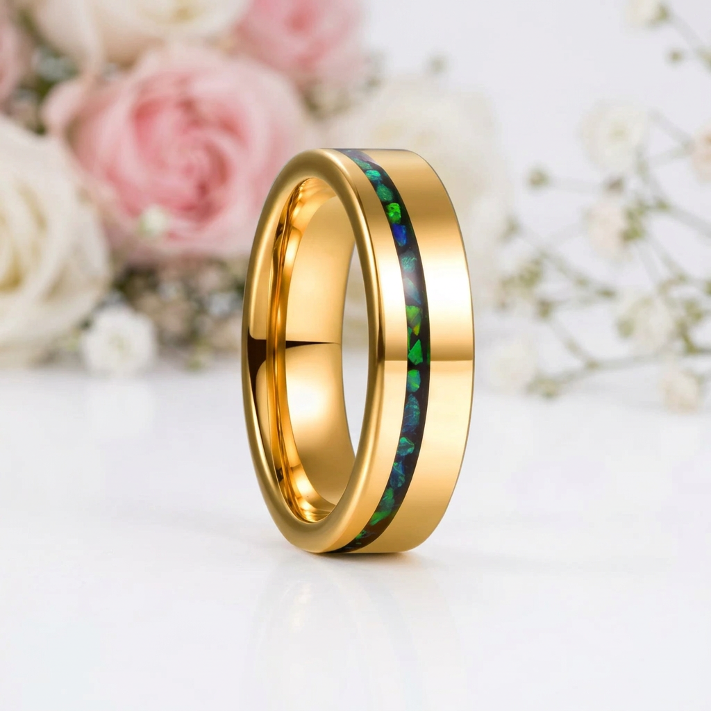 Gold Polished Green Opal Inlay Tungsten Unisex Wedding Band-Black Diamonds New York