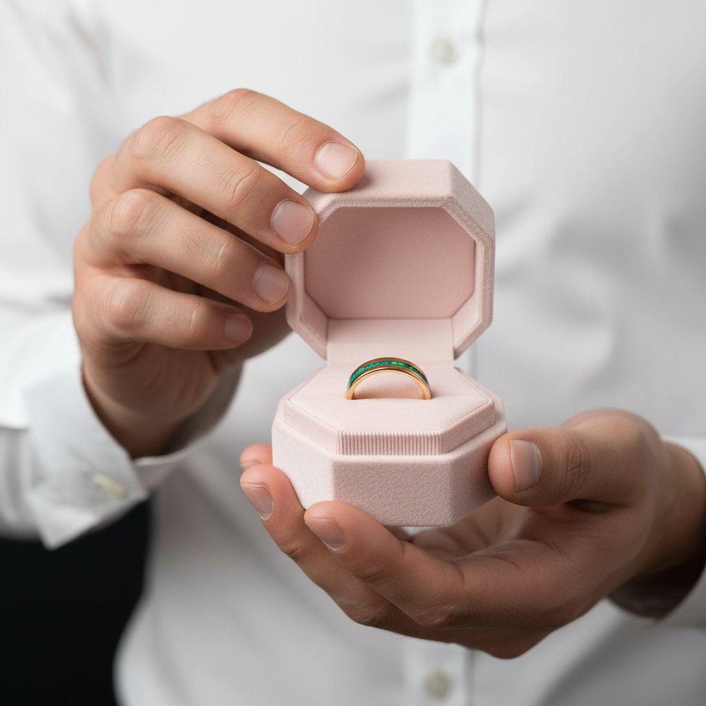 Gold Polished Green Opal Inlay Tungsten Unisex Wedding Band