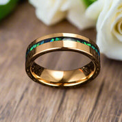 Gold Polished Green Opal Inlay Tungsten Unisex Wedding Band-Black Diamonds New York