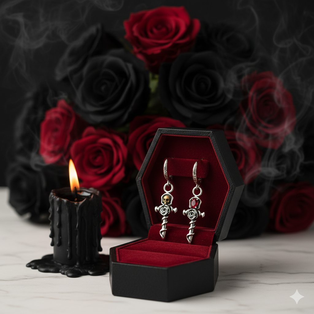 Vintage Gold Skull Rose Earrings-Black Diamonds New York