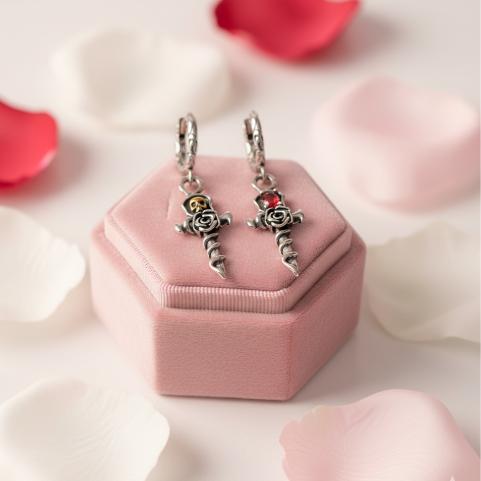 Vintage Gold Skull Rose Earrings-Black Diamonds New York