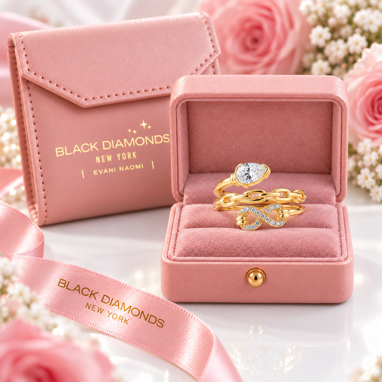 baby's breath flowers around them. The boxes show the brand name BLACK DIAMONDS NEW YORK.