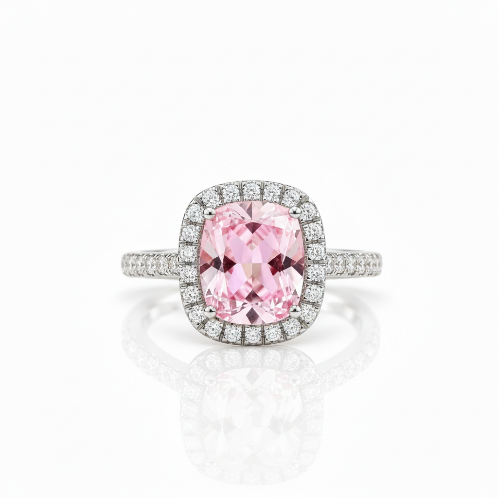 Gorgeous Halo Cushion Cut Pink Sapphire Engagement Ring-Black Diamonds New York