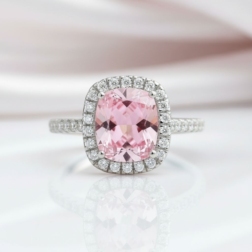 Gorgeous Halo Cushion Cut Pink Sapphire Engagement Ring-Black Diamonds New York
