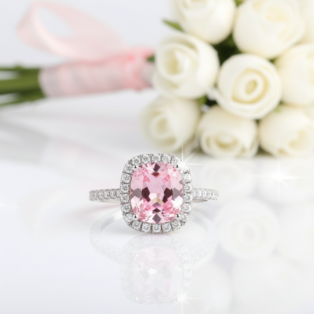 Gorgeous Halo Cushion Cut Pink Sapphire Engagement Ring-Black Diamonds New York