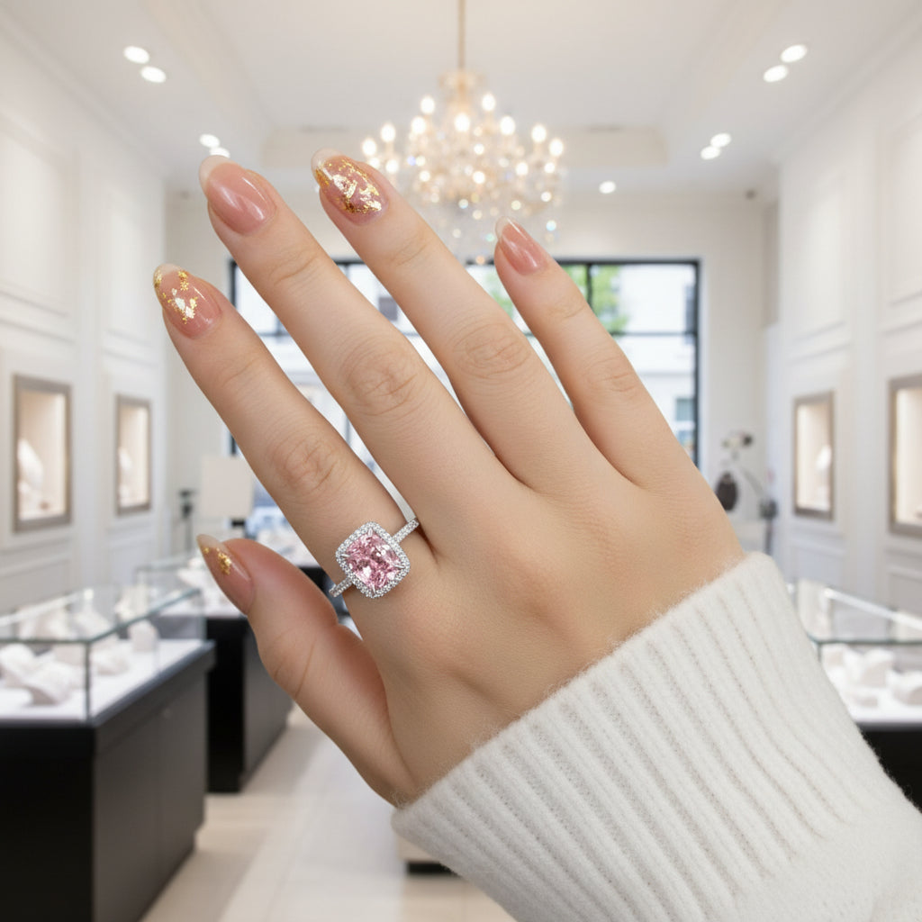 Gorgeous Halo Cushion Cut Pink Sapphire Engagement Ring-Black Diamonds New York