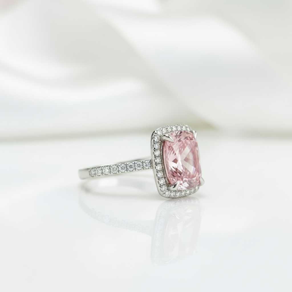 Gorgeous Halo Cushion Cut Pink Sapphire Engagement Ring-Black Diamonds New York