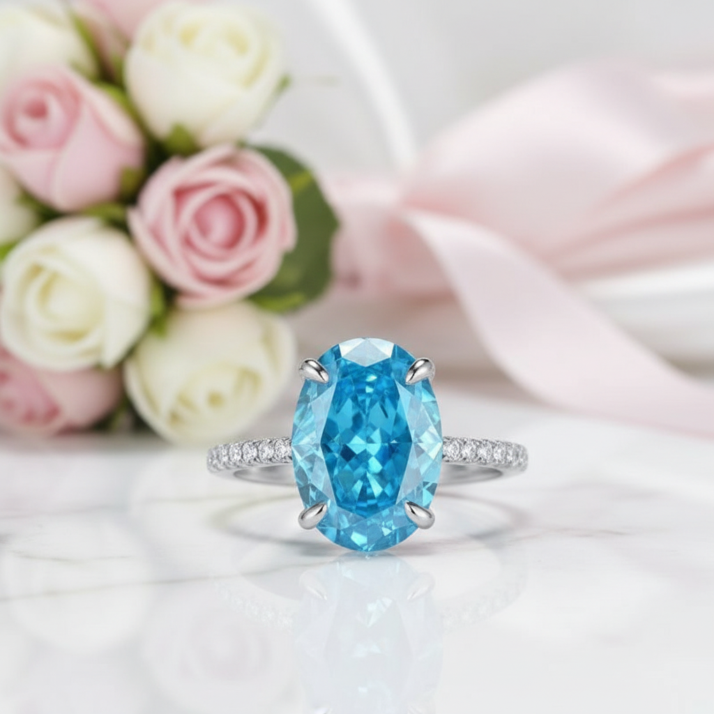 Gorgeous Oval Cut Light Aquamarine Blue Diamond Option Engagement Ring-Black Diamonds New York