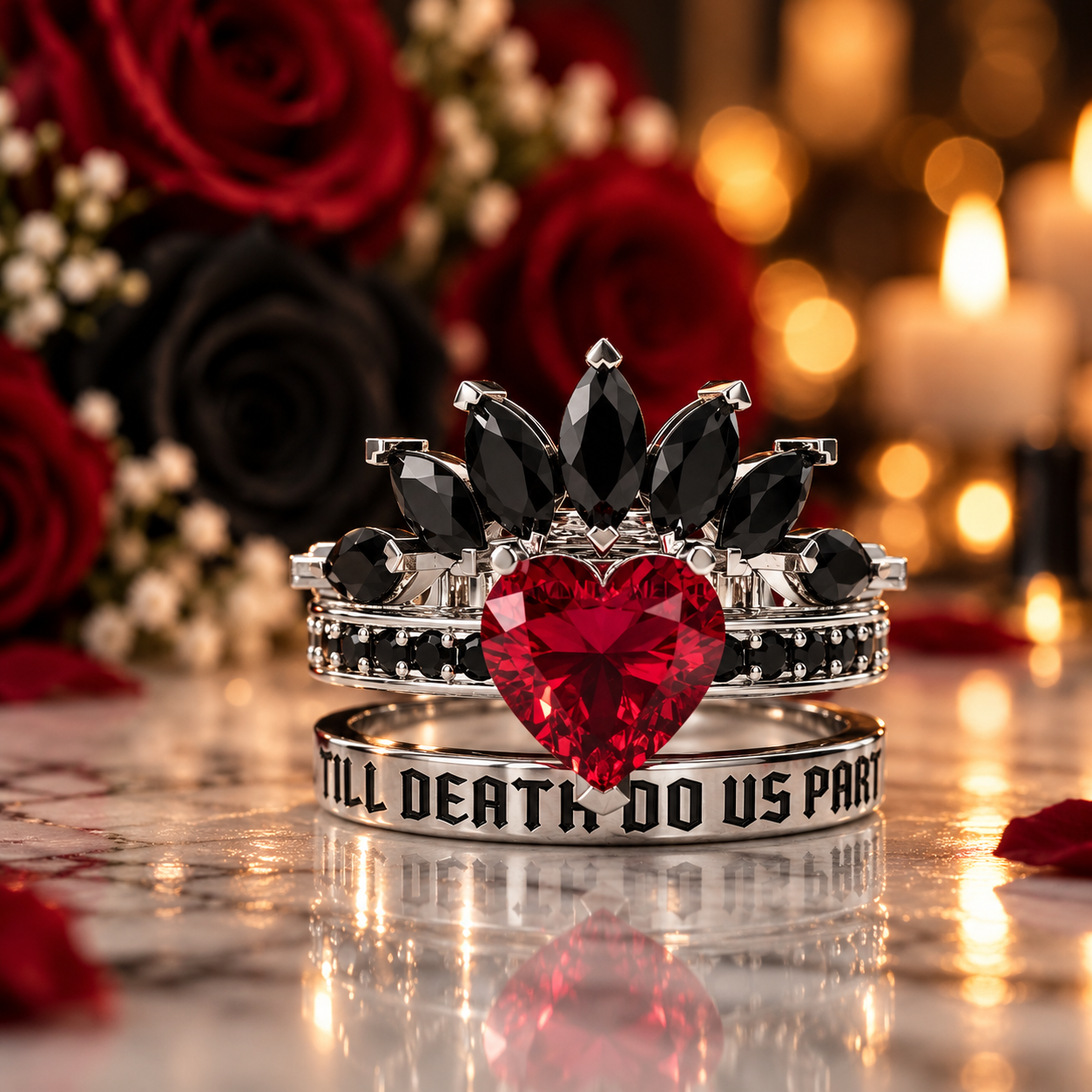 Till Death Do Us Part- 1.5 Carat Heart Created Diamond Option Wedding Ring Set-Black Diamonds New York