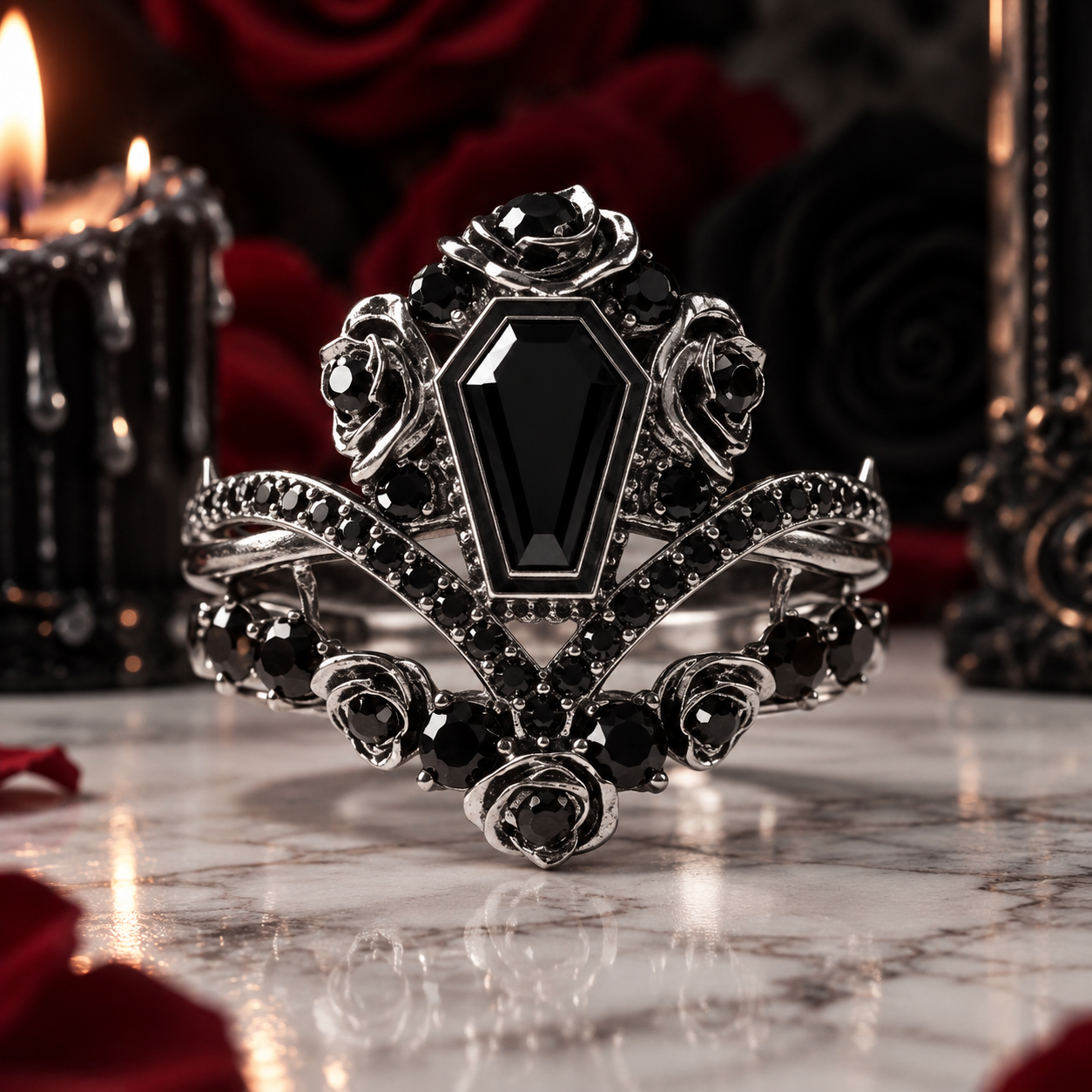 Gothic Romance Wedding Rings- Coffin Cut Diamond Option with Black Roses in 14k White Gold Band with Thorns-Black Diamonds New York