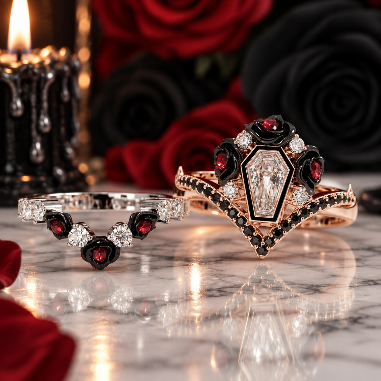 Gothic Romance Wedding Rings- Coffin Cut Diamond Option with Black Roses in 14k White Gold Band with Thorns-Black Diamonds New York