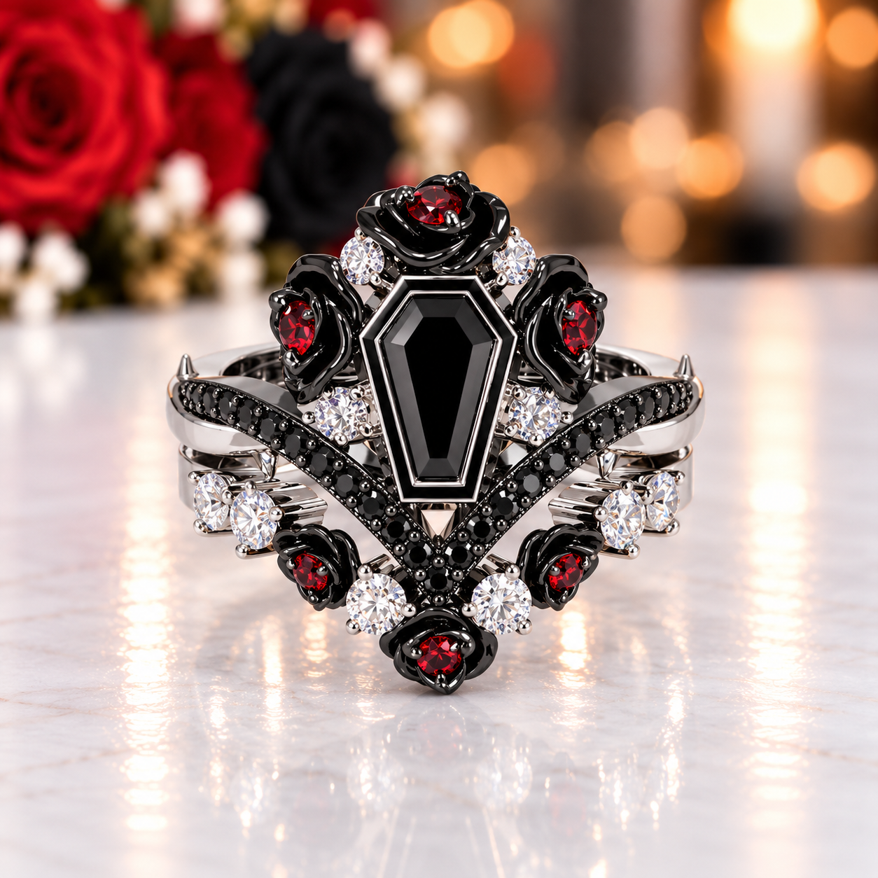 Gothic Romance Wedding Rings- Coffin Cut Diamond Option with Black Roses in 14k White Gold Band with Thorns-Black Diamonds New York